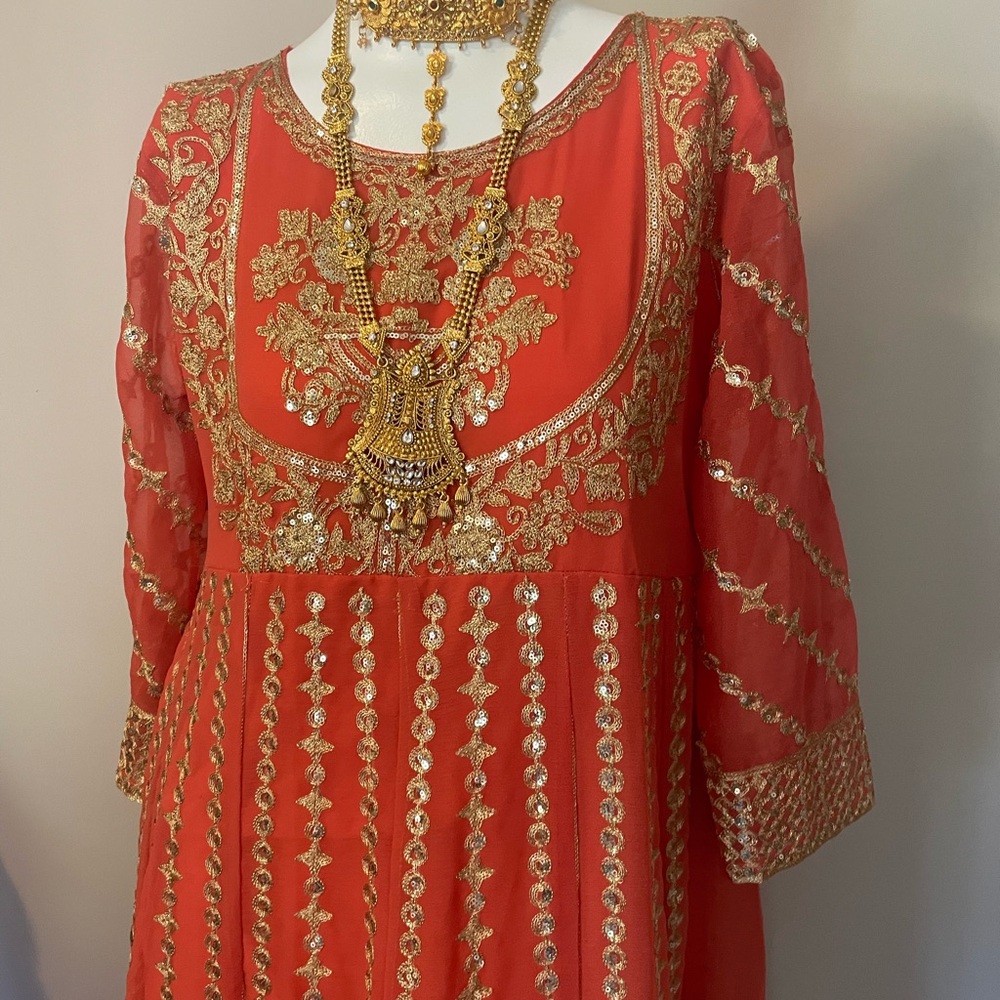 Elegant Burnt Orange and Gold Embroidered Dress